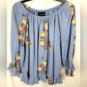 Liv Los Angeles Blue Embroidered Floral Bohemian Peasant Shirt Sz M